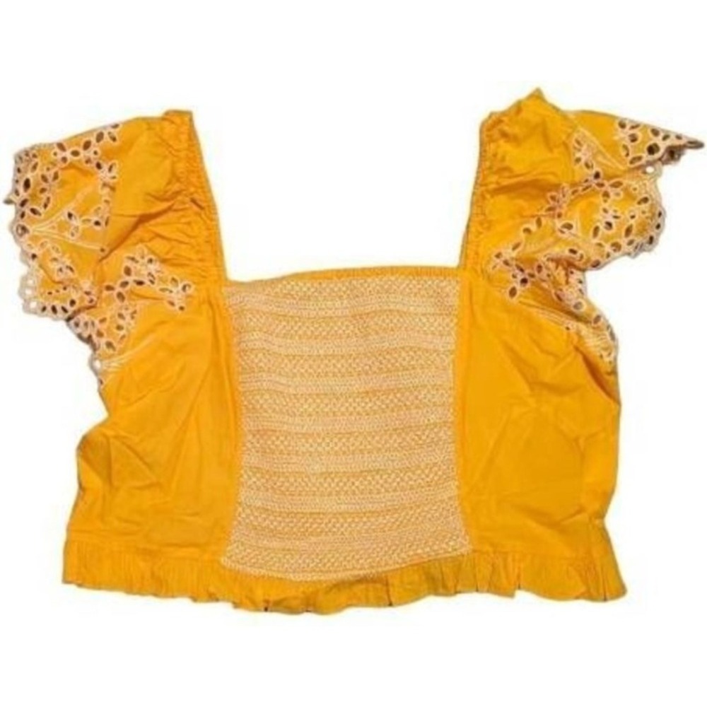 Tanya Taylor Austin Top Marigold Yellow Eyelet Flutter Sleeve Smock Plus Size 22